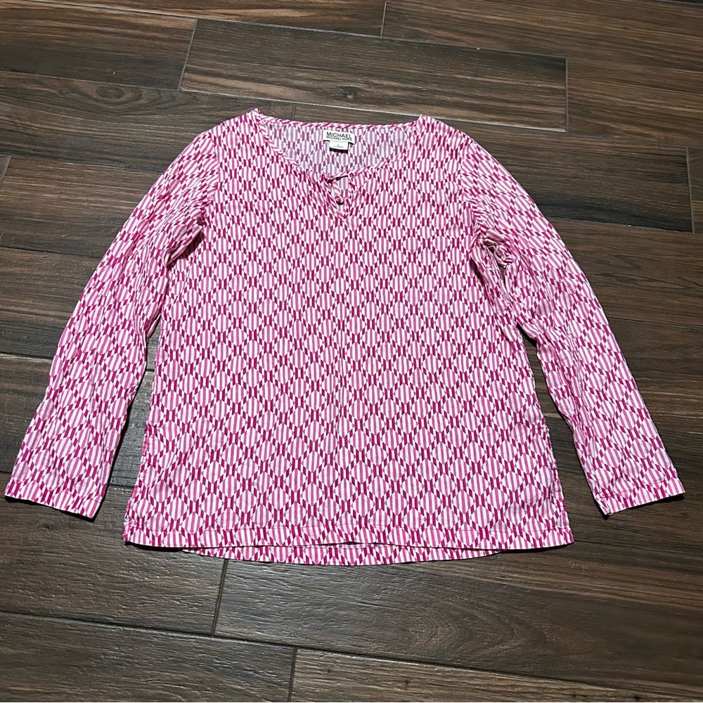 Michael Kors Blouse‎ Large Pink White Long Sleeve Lightweight